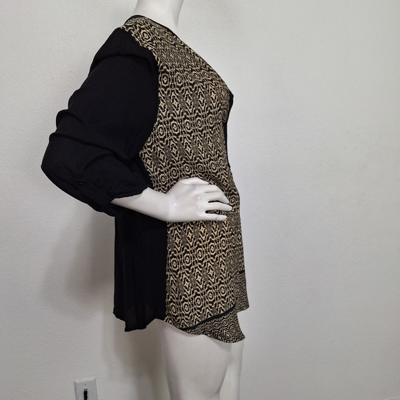 Urban Mangoz Black Tan Geometric Print 3/4 Sleeve Boho Retro Tunic Top Size L - Picture 4 of 12